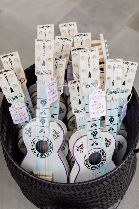 Coco Guitar Party Favors - Disney Coco Party Ideas Disney Coco Party Favors, Fiesta Party Favors For Kids, Coco Second Birthday Party, Coco Themed Quinceanera, Coco Wedding Theme, Coco Disney Birthday Party, Coco Inspired Party, Coco Birthday Party Decorations, Guitar Party Ideas