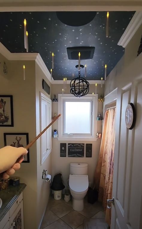 Harry Potter Restroom, Harry Potter Interior Design Inspiration, Harry Potter Cafe Interior, Harry Potter Toilet Ideas, Harry Potter Inspired Bathroom, Harry Potter Theme Bathroom, Wizard Bathroom, Nerdy Bathroom, Hogwarts Office