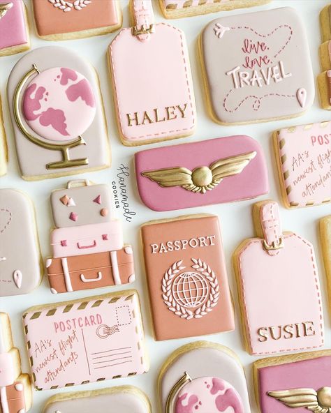 Luggage Tag Design, Travel Cookies, Travel Bridal Showers, Travel Theme Bridal Shower, Travel Baby Shower Theme, Travel Baby Showers, Travel Cake, Travel Party Theme, Cookies Theme