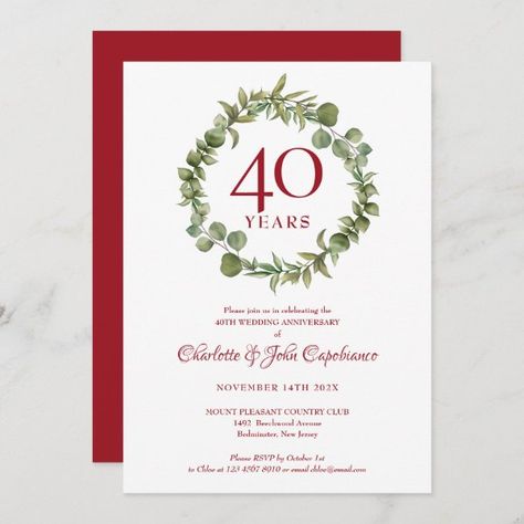 40th Ruby Anniversary Woodland Greenery Garland Invitation Wedding Anniversary Party Invitations, Homemade Wedding Gifts, Anniversary Party Invitations, Woodland Floral, Homemade Anniversary Gifts, Ruby Anniversary, 40th Anniversary Gifts, Ruby Wedding Anniversary, Anniversary Surprise