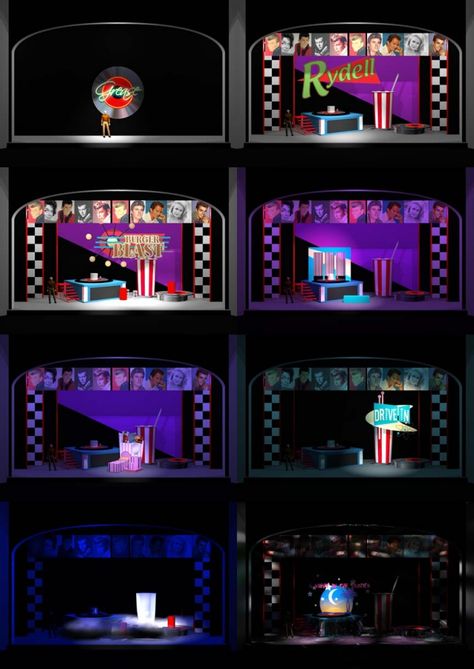 Theatrical design by Sean Martin at Coroflot.com 90s Stage Design, 50s Set Design, Grease Musical Set Design, Grease Set Design, Retro Stage Design, Grease Play, Stage Reference, Gcse Drama, Grease Outfits