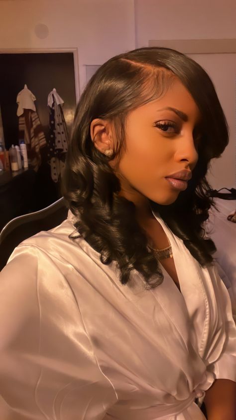 Black Women Hairstyles Silk Press, Baddie Hairstyles Flat Iron, Deep Side Part Silk Press Natural Hair, Silk Press With Swoop, Silk Press Curled Ends, Curled Natural Hair With Flat Iron, Natural Straight Hairstyles Black Women Real Hair, Silk Press Hairstyle For Black Women, Short Side Part Sew In