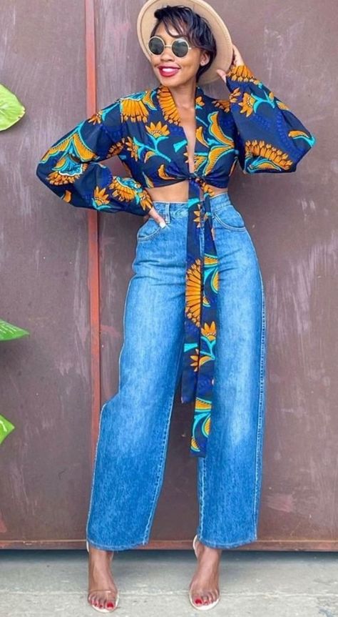 African Print Tops With Jeans, Tops With Jeans, Trending Jeans, Stylish Naija, African Print Tops, African Inspired Clothing, Latest Jeans, Stylish Mom, African Print Dresses