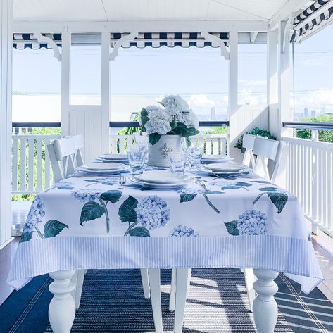 Hydrangea Bloom Designer Tablecloth | Etsy Entertaining Platters, Hydrangea Potted, Pink Chinoiserie, Grandmillenial Style, Hydrangea Bloom, Striped Tablecloths, Blue Hydrangeas, Hexagon Design, Green Table