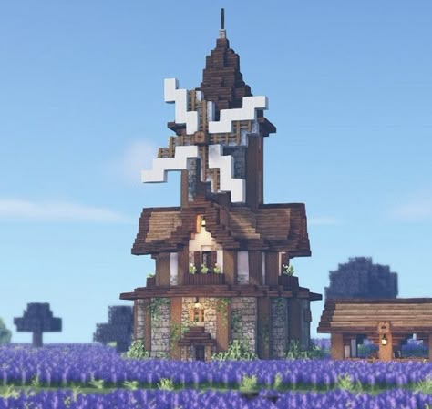 Mc Windmill Ideas, Cute Fantasy Minecraft Builds, Minecraft Villager Bell Ideas, Minecraft Watermill Design, Minecraft Sawmill Ideas, Windmill Minecraft Ideas, Minecraft Medieval Windmill, Mc Windmill, Minecraft Windmill House