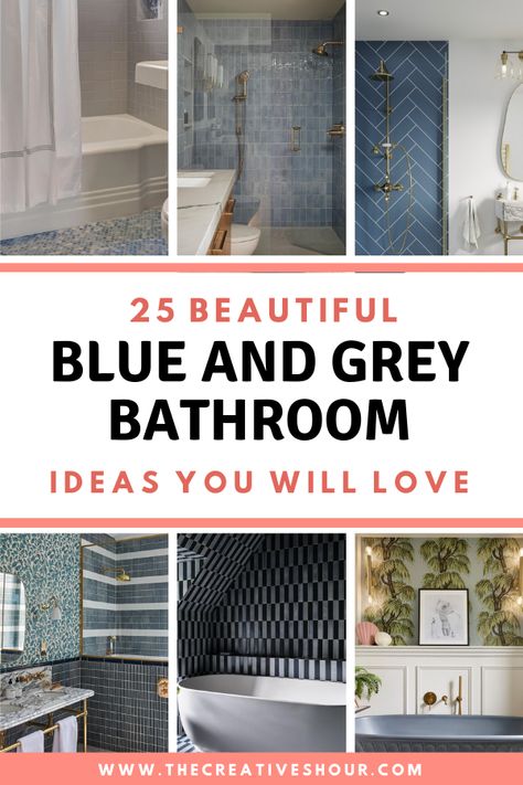 Navy Blue Accent Bathroom, Grey And Blue Bathroom Ideas Colour Schemes Master Bath, Grey And Navy Bathroom, Navy And Grey Bathroom, Blue And Grey Bathroom Ideas, Dusty Blue Bathroom, Cabana Plans, Light Grey Bathroom Ideas, Grey And Blue Bathroom