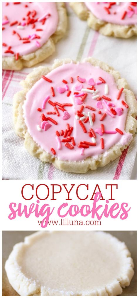 Make Swig's famous sugar cookies from home with this copycat recipe! These Copycat Swig Cookies are THICK and delicious, topped with a creamy frosting. #copycatswigcookies #swigcookies #copycatrecipe #cookies #sugarcookies Swig Sugar Cookie Recipe, Swig Cookies, Swig Sugar Cookies, Almond Frosting, Sour Cream Frosting, Bake Ideas, Frosted Sugar Cookies, Crumble Cookies, Cookie Shop