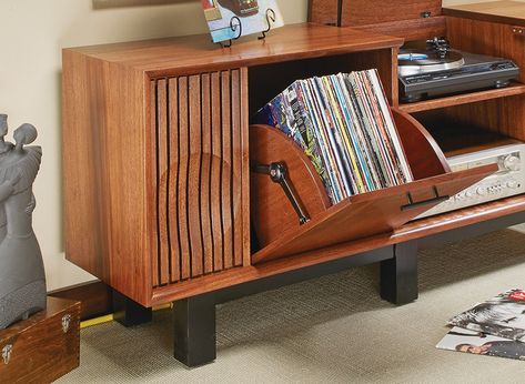 Turntable Console | Woodworking Project | Woodsmith Plans Turntable Furniture Design, Vinyl Console, Turntable Console, Vinyl Record Furniture, Vinyl Record Room, Vintage Stereo Console, Vinyl Record Cabinet, Turntable Furniture, Record Player Console