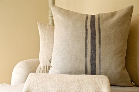 French grain sack linen cushions How To Make A Roman Blind, Peony And Sage, Stripe Cushion, Handmade Curtains, Egyptian Cotton Bedding, Herringbone Fabric, King Size Pillows, Fabric Blinds, Striped Cushions