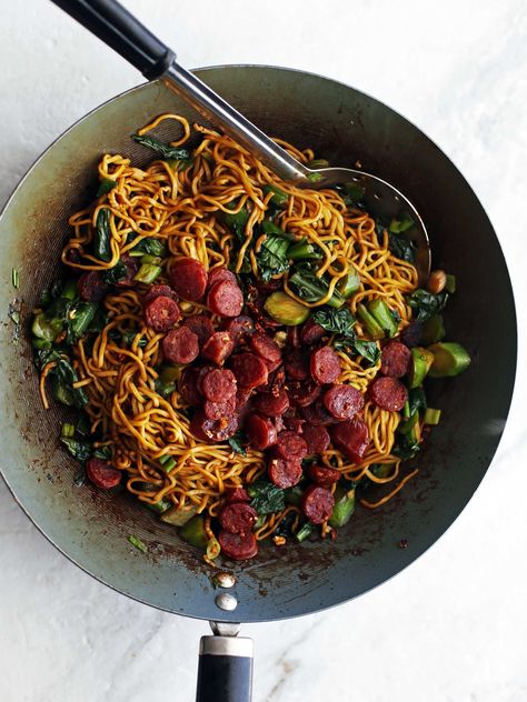 An easy and fast Chinese egg noodle dish loaded with sweet and salty lap cheong (Chinese sausages)and leafy green gai lan (Chinese broccoli). Recipes With Chinese Sausage, Chinese Lo Mein, Egg Noodle Dishes, Sausage Noodles, Lap Cheong, Chinese Broccoli, Lo Mein Noodles, Sausage Dinner, Chinese Egg