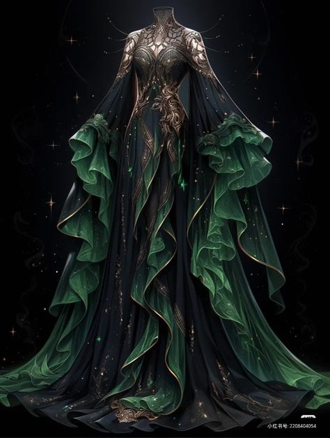 Dark Green And Black Dress, Black And Green Dress Gowns, Dnd Ball Gown, Necromancer Dress, Green Fantasy Dress Drawing, Dark Fantasy Aesthetic Outfits, Green Queen Dress, Green Masquerade Dress, Formal Fantasy Outfits