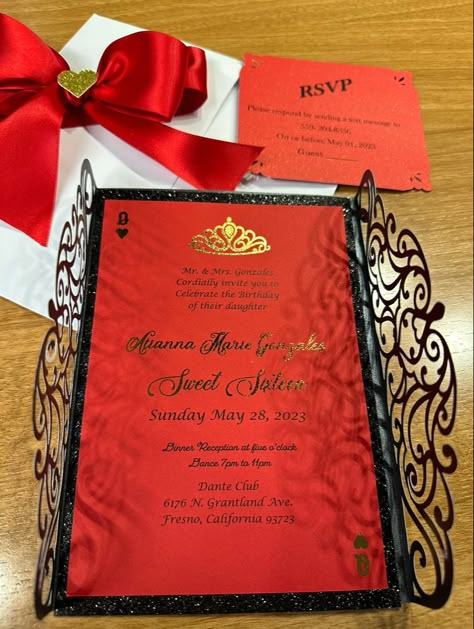 Queen Of Hearts Invitations, Queen Of Hearts Sweet 16 Theme, Queen Of Hearts Sweet 16, Queen Of Hearts Quinceanera Theme, Xv Ideas, Red Invitation, Sweet 16 Themes, 16 Invitations, Sweet 17