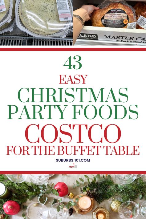 Looking for Christmas party food ideas? Costco is the perfect place to find cheap and easy Christmas appetizers, finger foods, sides, and desserts. Ideal for a Christmas potluck or dinner for a crowd, these Christmas side dishes and party snacks make holiday hosting easy. Whether you're setting up a buffet or planning a festive sit-down meal, these easy Christmas menu ideas are to impress your guests while still being very affordable. Hosting Christmas Party Holiday Appetizers, Friendsmas Party Ideas Food Easy, Christmas Party Seating Ideas, Ideas For Buffet Food, Christmas Party Catering, Christmas Reception Food, Diy Food Signs For Party Buffet, Surprise Party Food Ideas, Christmas Party Food Layout