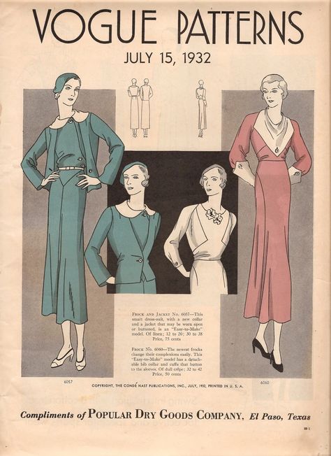 Vogue Patterns July 15, 1932 featuring Vogue 6057 and 6060 on the cover. New Frock, Hand Lettering Fonts, Bib Collar, Vogue Covers, Smart Dress, Ideas Vintage, Jazz Age, Vogue Patterns, Vintage Gowns