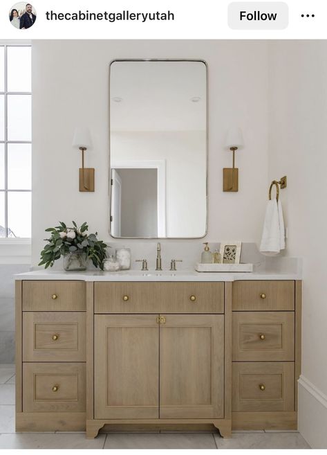 Natural Wood Color Bathroom Vanity, Custom Built Bathroom Vanity, Hall Bathroom Vanity, Primary Bath Separate Vanities, Build In Bathroom Cabinet, The Cabinet Gallery Utah, Oak And White Bathroom, Bathroom Vanity One Sink, Stained Bathroom Cabinets