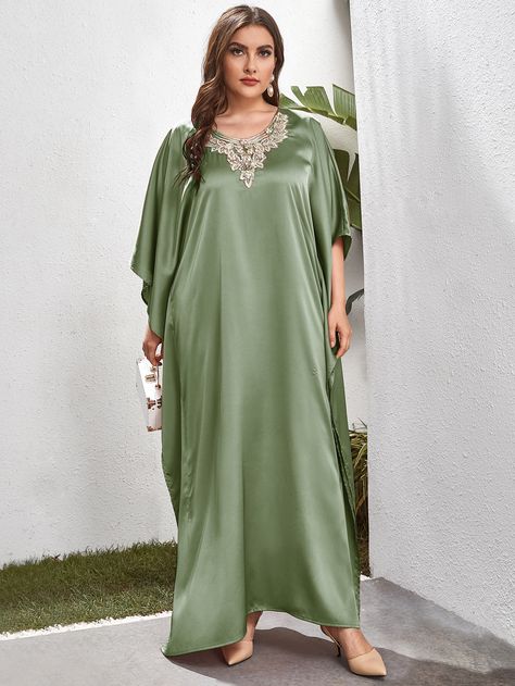 Mint Green Glamorous,Modest  Three Quarter Length Sleeve Satin Floral Kaftan Embellished Non-Stretch Spring/Fall Plus Size Dresses Festive Evening Satin Kaftan, Festive Satin Kaftan For Party, Elegant Festive Satin Kaftan, Caftan Satin, Green Silk Floor-length Kaftan, Luxury Satin Maxi-length Kaftan, Fall Plus Size, Dress Inspo, Satin Dress