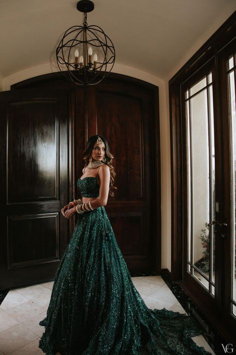 Emerald Green Outfits For The Cocktail That Are Absolute Stunners! | WedMeGood Hindu Bridal Lehenga, Reception Lengha Bridal, Engagement Lengha For Bride, Green Mehendi Outfits For Bride, Bride Mehendi Outfit, Wedding Reception Lengha, Bridal Reception Dress Indian, Mehendi Outfit For Bride, Sangeet Outfit Bridal