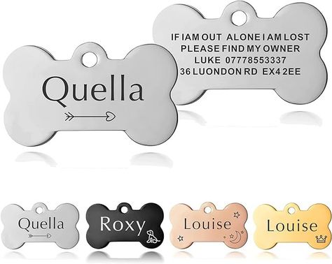 Personalised Dog Tags for Pets Engraved UK Cat Dog Name Tag Identify Tag for Pet Doggy Kitten Kitty Puppy Deep Engraved Scratch Resistant ID Tag Choice of Sizes & Colours & Shapes (Silver Bone) : Amazon.co.uk: Pet Supplies Dog Tags Diy, Dog Name Tags, Custom Dog Tags, Dog Collar Tags, Dog Id Tags, Dog Id, Personalized Tags, Pet Tags, Pet Id Tags