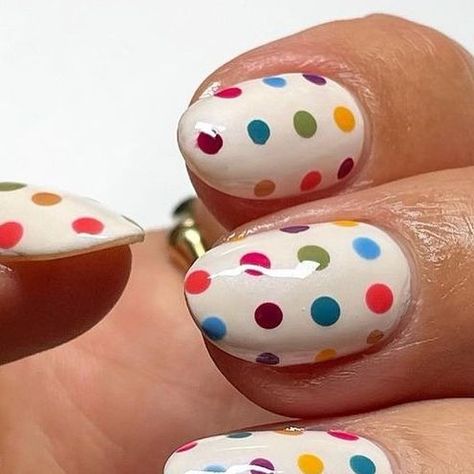 essie on Instagram: "these polka dot nails are so satisfying 😍 @nailsbymh" Pocodot Nails, Rainbow Polka Dot Nails, Nails Dots Designs, Green Polka Dot Nails, Nail Designs With Dots, Polka Dot Nail Designs, Dot Nail Designs, Polka Dot Nail Art, Dot Nails