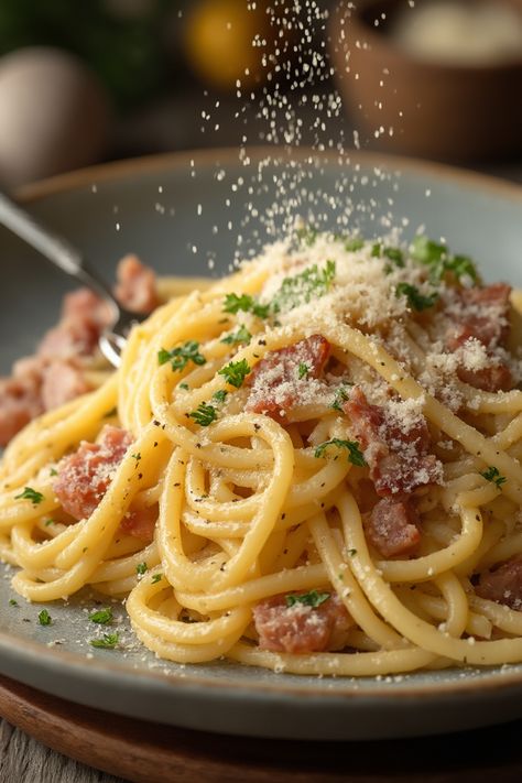 Carbonara Recipe

Ingredients

- 8 ounces spaghetti
- 2 large eggs
- 1 cup grated Pecorino Romano cheese
- 4 ounces pancetta or guanciale, diced
- 3 cloves garlic, minced
- Salt and freshly ground black pepper to taste
- Fresh parsley, chopped (for garnish)

Instructions

- Cook spaghetti according to package instructions until al dente; reserve 1 cup of pasta water, then drain.
- In a large skillet, cook pancetta or guanciale over medium heat until crispy, about 4-5 minutes. Add minced garlic and cook for an additional minute. 

Full Recipe on... Pancetta Carbonara Pasta, Carbonara Pasta Pancetta, Pasta Carbonara Recipe Authentic, Carbonara Recipe Authentic, Seafood Carbonara, Shrimp Carbonara, Mushroom Carbonara, Pancetta Recipes, Pasta Carbonara Recipe