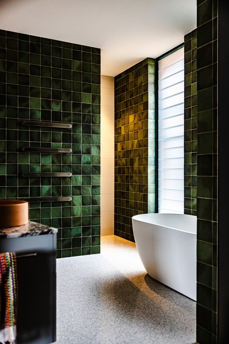 Emerald Green bathroom with custom vanities - Contemporary - Bathroom - Sydney - by Improva | Houzz NZ Emerald Bathroom, Emerald Green Bathroom, Green Bathroom Paint, Square Bathtub, Green Mosaic Tile, Bathroom Feature Wall, Green Bathroom Vanity, Mosaic Bathroom Tile, Green Tile Bathroom