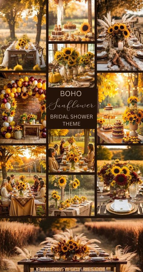 Boho Sunflower Bridal Bathe Theme- #Boho #Bridal #Shower #Sunflower #Theme Check more at https://howcandothis.com/weddingideas/boho-sunflower-bridal-bathe-theme/ Sunflower And Roses Bridal Shower Ideas, Wedding Themes With Sunflowers, Fall Sunflower Wedding Ideas, Fall Garden Bridal Shower Ideas, Sunflower And Rose Bridal Shower Ideas, Sunflower Fall Wedding Ideas, Wedding Shower Themes Ideas Decor, Wedding Shower Fall Theme, Fall Boho Bridal Shower Ideas