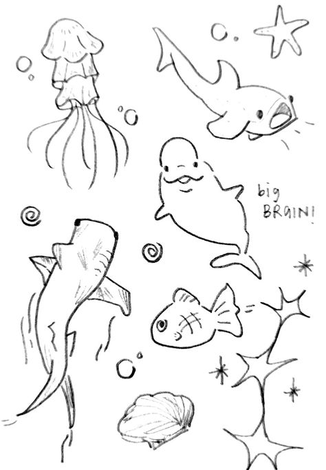 Small Fish Drawing Easy, Underwater Animals Drawing Easy, Aquarium Animals Drawing, Art Sketches Cute Animals, Marine Creatures Drawing, Fish Drawings Simple, Messy Hair Sketch, Sea Animals Sketch, Aquarium Doodle