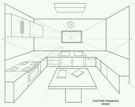 Room Perspective Drawing, Fundamentals Of Drawing, Perspective Room, Drawing Fundamentals, 1 Point Perspective, Interior Design Sketchbook, Furniture Sketch, Perspective Sketch, Kitchen Drawing