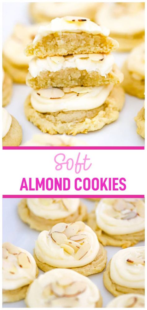 Soft Almond Cookies with Almond Buttercream Almond Cake Cookies, Almond Cream Cheese Cookies, Burnt Almond Torte Cookies, Soft Almond Sugar Cookies, Almond Extract Recipe Desserts, Sugar Cookies With Almond Extract, Almond Cookies Recipes Easy, Almond Extract Cookies, Almond Flavored Cookies