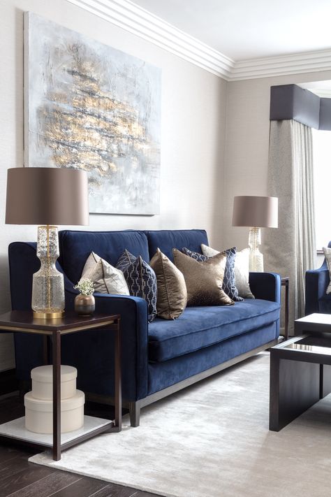 #artwork #formalliving #sofa #tablelamp Navy Sofa Living Room, Blue Velvet Sofa Living Room, Blue Sofas Living Room, Velvet Sofa Living Room, Blue Couch Living Room, Navy Living Rooms, Navy Blue Living Room, Blue Living Room Decor, Gold Living Room