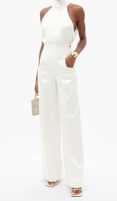 White Pant Suit Women Graduation, Elegant Wedding Suits For Women, Jumpsuit White Wedding, Elegant Suits For Women Wedding, White Wedding Suit For Bride, 2nd Look Wedding Outfit, Bridal White Suit, White Graduation Suit Women, Bridal Pant Suit Wedding