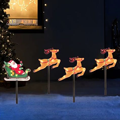 Christmas Silhouette Outdoor Pathway Lights Set of 4 Solar Powered Pre-Lit 30 LEDs Double Sided Christmas Reindeer & Sled Vintage Holiday Outdoor Display Decor for Garden, Patio,Yard, Lawn Christmas Stake Lights, Christmas Pathway Lights, Outdoor Pathway Lighting, Christmas Silhouette, Solar Christmas Lights, Flying Reindeer, Christmas World, Lawn Tools, Pathway Lights