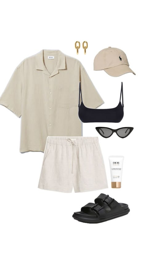 Summer outfit idea, Summer linen shirt and shorts, black sandals, beige ralph lauren cap, fashion inspiration, fit inspo Linen Black Shorts Outfit, Striped Linen Shorts Outfit, Summer Outfits 2024 Hot Weather, Beige Linen Shorts Outfit, Australian Summer Outfits, Beige Shirt Outfit, Beige Shorts Outfit, Linen Shirt And Shorts, Minimal Chic Outfits