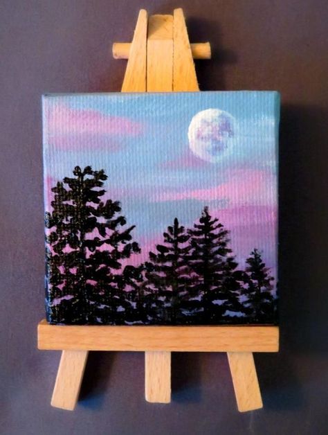 Painting Mini Canvas, Canvas Easel, Mini Toile, Pine Tree Art, Moon Artwork, Small Canvas Paintings, Simple Canvas Paintings, Moon Moon, Cute Canvas Paintings