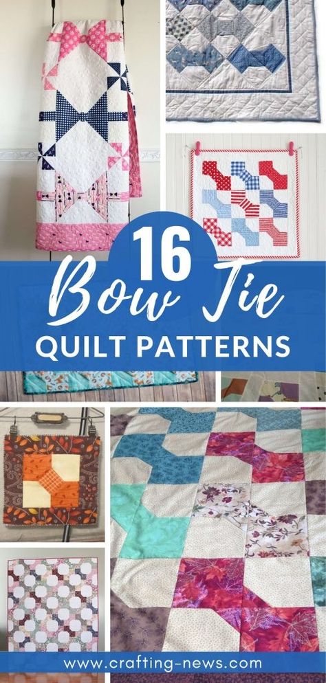 A traditional bow tie quilt pattern is usually very easy to make. It has a simple design that gets most of its interest from the fabric patterns used. It is a pattern that has been around for a long time, and it is still incredibly popular today. Bow tie quilts are fun to make. This makes them the ideal choice for both beginners and advanced quilters. You can easily change the whole look of the quilt just by using different fabric colours and rotating blocks. Boxes And Bows Free Quilt Pattern, Bow Tie Quilt Pattern Free, Bow Tie Quilts, Tie Quilt Pattern Ideas, Bow Tie Quilt Pattern, Knit Designers, Bow Tie Quilt, Tie Quilts, Tshirt Quilt Pattern