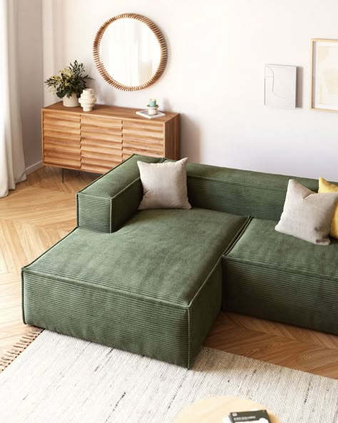 Exclusive Sofa Design, Green Sofa Wooden Floor, Corduroy Sofa Couch, Colourful Couches Living Room, Sofa Seating In Living Room, Two Different Sofas In Living Room, Wooden Floor Interior Design, Green Interior Design Living Room, Corduroy Sofa Living Room