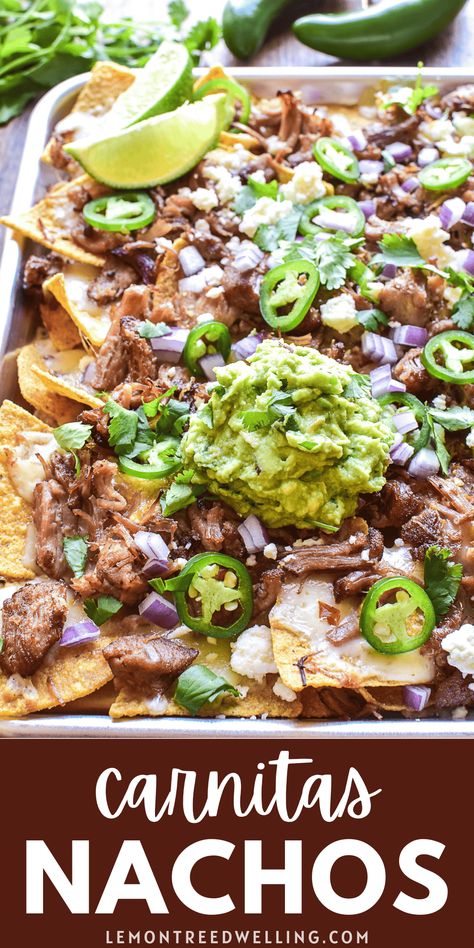 Carnitas Nachos - loaded with juicy shredded pork, pepper jack cheese, red onion, jalapeños, and homemade guacamole. The ultimate game day snack! Pork Nachos, Cilantro Lime Sauce, Pork Carnitas, Lime Sauce, Homemade Guacamole, Shredded Pork, Game Day Snacks, Pepper Jack Cheese, Pepper Jack