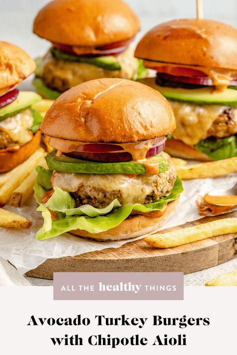 Juicy and delicious Avocado Turkey Burgers with a smoky chipotle aioli that everyone will love! These flavorful burgers are easy to make and perfect for a weeknight dinner or backyard bbq! Chipotle Turkey Burger, Avocado Burger, Grilled Turkey Burgers, Aioli Sauce, Chipotle Aioli, Turkey Burger Recipes, Grilled Turkey, Cooking Tomatoes, Grilled Burgers