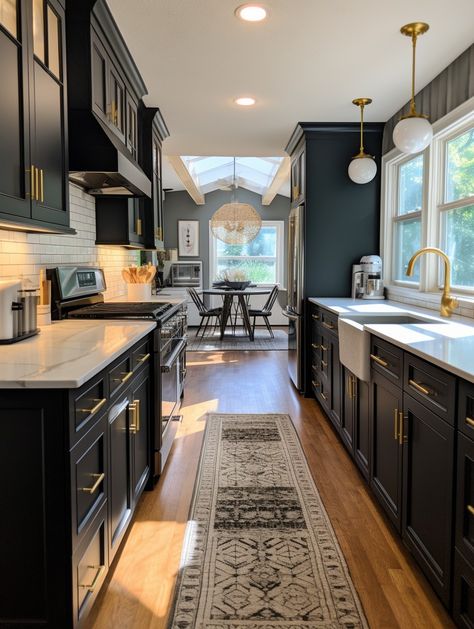 Cafehailee - Captivatingly chic kitchen 🥰🥰 Black Galley Kitchen, Kitchen Decor For Dark Cabinets, Galley Kitchen Ideas Narrow, Euro Kitchen, Narrow Kitchen Design, Cheap Renovations, Narrow Kitchen Island, Narrow Kitchen Remodel, Trailer House