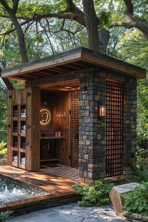 Outdoor Storage Ideas, Diy Outdoor Storage, Outdoor Baths, Outdoor Bathroom Design, Affordable Storage, Outdoor Showers, Outdoor Bathroom, Outdoor Bath, Backyard Pavilion