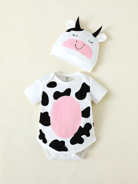 Newborn Baby Cow Print Tee Bodysuit & Hat Boy Cosplay, Cow Outfits, Crochet Costumes, Happy Cow, Baby Cow, Newborn Baby Boy, Baby Cows, Hat Summer, Cow Pattern