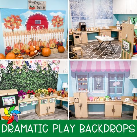 Dramatic Play Home Center, Drama Area Preschool, Dramatic Play Decor, Small Dramatic Play Area, Dramatic Play Backdrop, Back To School Dramatic Play Preschool, Dramatic Play House Center, Dramatic Play Activities For Preschoolers, Montessori Dramatic Play