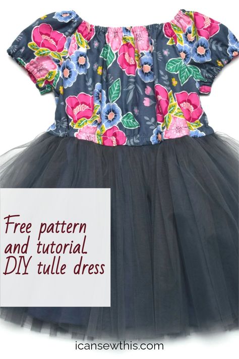 Learn to make an easy tulle dress for little girls with this free pattern and tutorial. No zippers and no buttonholes involved! This free toddler dress pattern combines cotton and tulle into a cute and comfy outfit. I had so much fun sewing this pretty little thing! Free Size 4t Dress Patterns, Easy Girl Dresses To Sew, Free Kids Sewing Patterns Pdf, Diy Tulle Skirt Kids, Easy Toddler Dress Pattern, Toddler Dress Pattern Free Sewing, Toddler Dress Free Pattern, Free Toddler Dress Pattern, Free Baby Dress Pattern