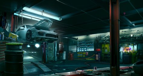 ArtStation - Garage Hideout, Robert Dempster Futuristic Garage Interior, Cyberpunk Junkyard, Cyberpunk Workshop, Garage Concept Art, Cyberpunk Garage, Futuristic Garage, Tuner Garage, Cyberpunk Interior Design, Garage Background