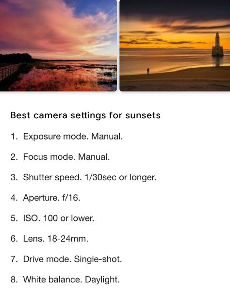 Best camera settings for sunset Camera Setting For Overcast, Videography Camera Settings, Camera Settings For Landscape Photography, Sunset Exposure Settings, Beach Sunset Camera Settings, Settings For Sunset Photography, Golden Hour Setting Camera, Sunset Settings Photography, Beach Photography Settings