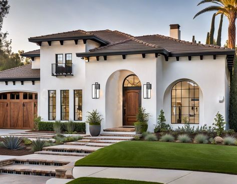 California Mediterranean Homes, Modern Spanish Farmhouse, Spanish House Exterior, Spanish Style Home Exterior, Spanish Style Exterior, Spanish Mediterranean Homes, Pantry Door Ideas, Spanish Exterior, Country Villa