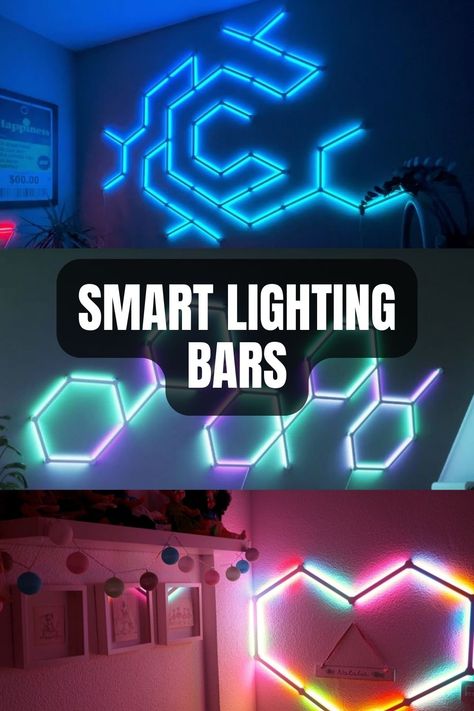 These Nanoleaf lines smart lighting bars can instantly transform any corner of your home with unquestionable style and distinctive accent lighting. You can connect them to make countless designs and... Nanoleaf Lines Smart Lighting Bars on Cool Stuff To Buy inc. - Find Cool Things To Buy! Nano Leaf Lights Design, Nanoleaf Lines, Nanoleaf Designs, Leaf Lights, Cool Stuff To Buy, Periodic Elements, Stuff To Buy, Palace Interior, Setup Ideas