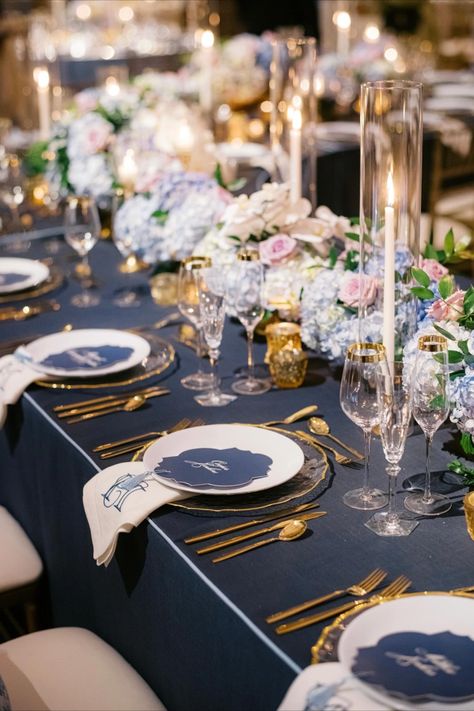 Navy Blue Table Settings, Navy Tablescape, Navy Wedding Reception, Gold Tablescape, Blue Table Settings, Tall Candles, Fine Dinnerware, Events Planning, Tall Candle