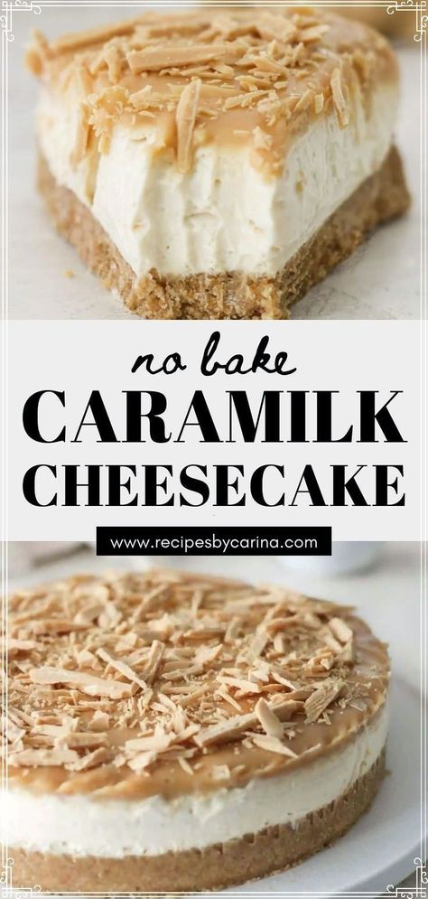 The delicious flavours of caramelized white chocolate found in Caramilk make this No Bake Caramilk Cheesecake hard to say no to! Caramilk Cheesecake, No Bake Cheesecakes, Kiwi Recipes, Lolly Cake, Caramelized White Chocolate, Ultimate Chocolate Chip Cookie, Cheesecake Toppings, Easy Dessert Recipe, Pavlova Recipe