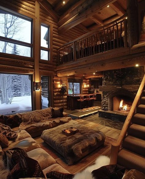 Log Houses Interior, Lake Tahoe Houses Dream Homes, Log Cabin Homes Bathroom, 3 Story Cabin, Summer Cabin Interior, Chalet Living Room Ideas, Wood Home Aesthetic, Luxury Cabin Homes, Interior Lake House